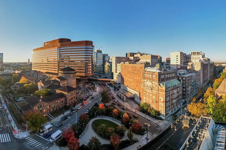 A bird's eye view of Penn Medicine’s new in-patient building, located next to the Penn Museum (lower left). A pocket park marks the entrance to the rapidly growing, and car-dominated, hospital district shared by Penn and Children’s Hospital of Philadelphia.