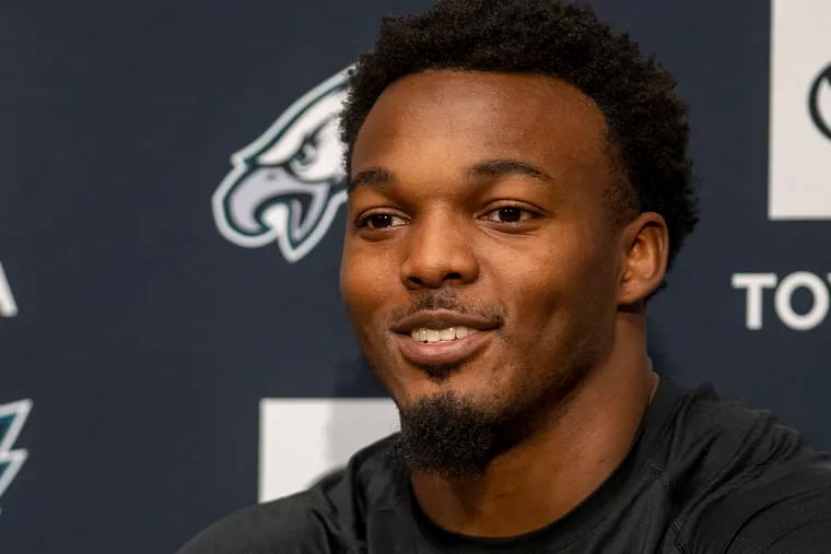 Nakobe Dean talks to the media on Friday, May 6, 2022., during Eagles rookie minicamp at the NovaCare Complex.