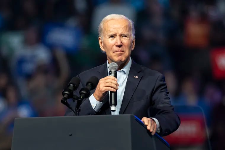 President Joe Biden speaks in front of Democratic supporters and voters at the Liacouras Center in Philadelphia on Nov. 5. He is planning to return to Philadelphia Thursday to outline his budget for fiscal year 2024.