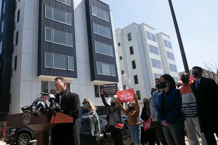 Attorney General Josh Shapiro speaks during a press conference to discuss the court proceedings to prevent eviction by the landlord of Moscow & Monica apartments. On April 16, the building withdrew the case against the tenants, as the lawyers reached a resolution.