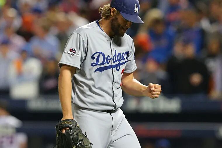 Los Angeles Dodgers starting pitcher Clayton Kershaw (22) reacts after the seventh inning against the New York Mets in game four of the NLDS at Citi Field.