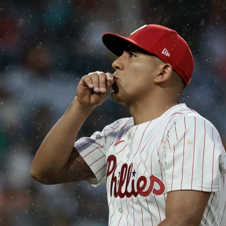 Phillies pitcher Ranger Suárez walks to the dugout after the first inning of the San Francisco Giants at Philadelphia Phillies MLB game at Citizens Bank Park in Philadelphia on Saturday, May 4, 2024.