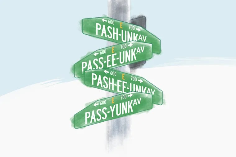 Illustration of various pronunciations of "Passyunk" on  a street sign