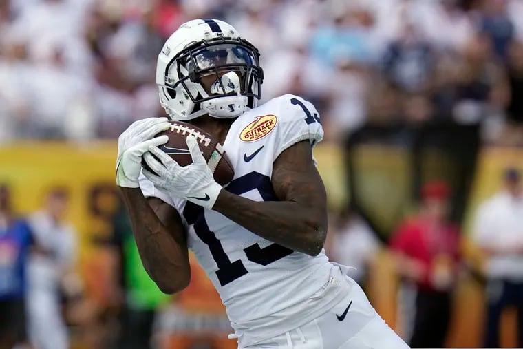 Penn State wide receiver KeAndre Lambert-Smith makes a 42-yard touchdown reception during the first half of the Outback Bowl  against Arkansas.