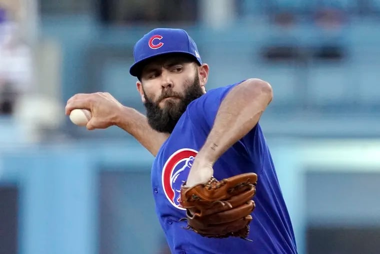 Chicago Cubs starting pitcher Jake Arrieta throws to the plate during the first inning of a baseball game against the Los Angeles Dodgers Friday, June 25, 2021, in Los Angeles. (AP Photo/Mark J. Terrill)