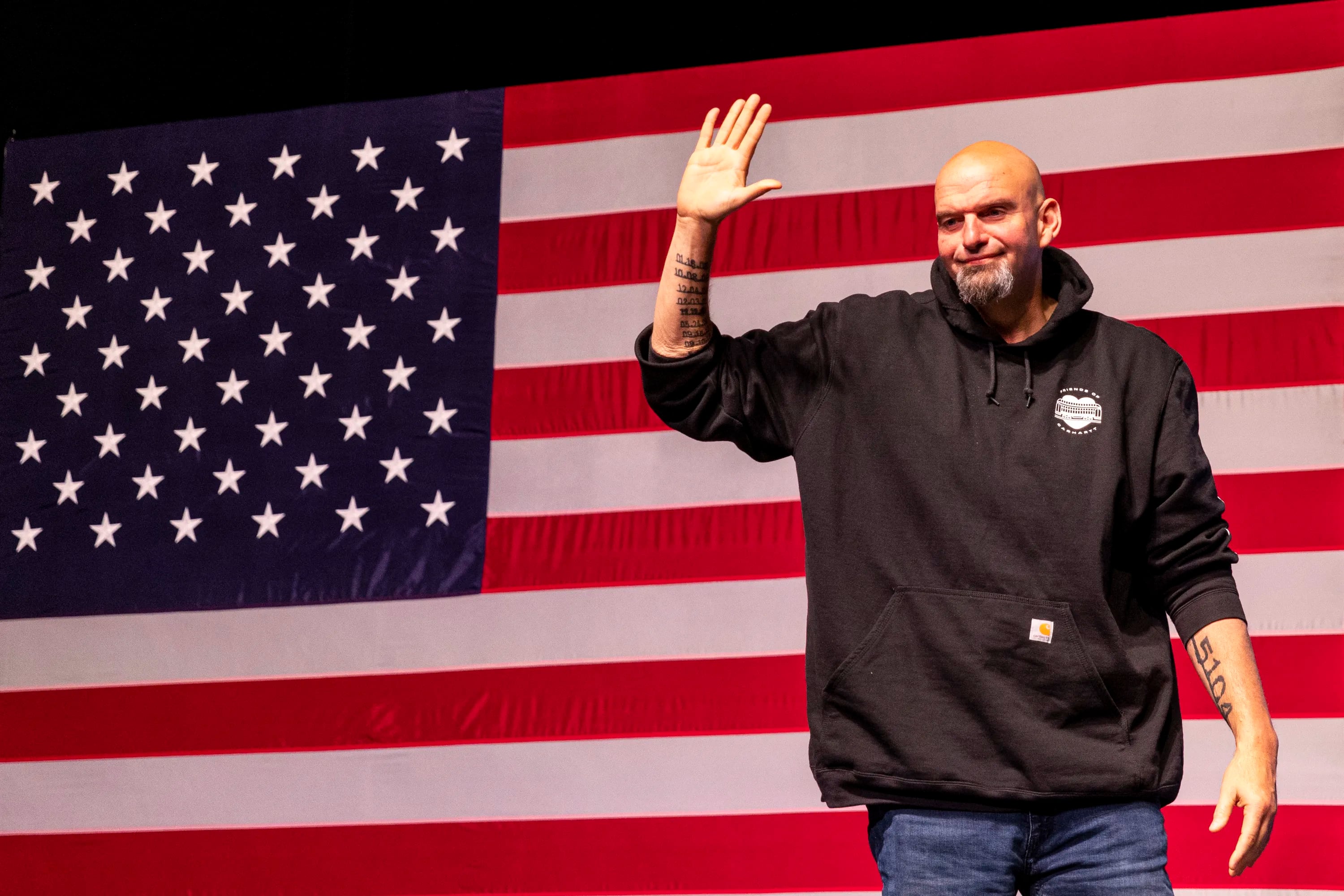John Fetterman, takes stage the after defeating Mehmet Oz for Pennsylvania State Senate, at his Election Night Event at Stage AE in Pittsburgh, Pa.