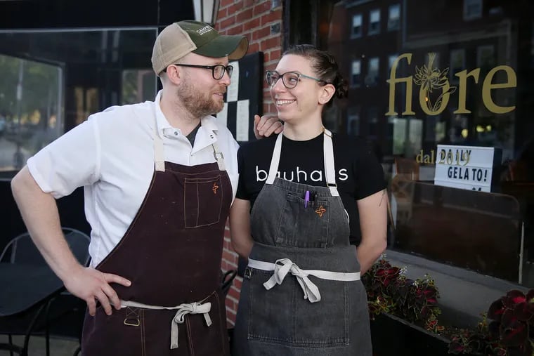 Chefs and owners Ed Crochet and Justine MacNeil outside of Fiore Fine Foods in Queen Village in October 2020.