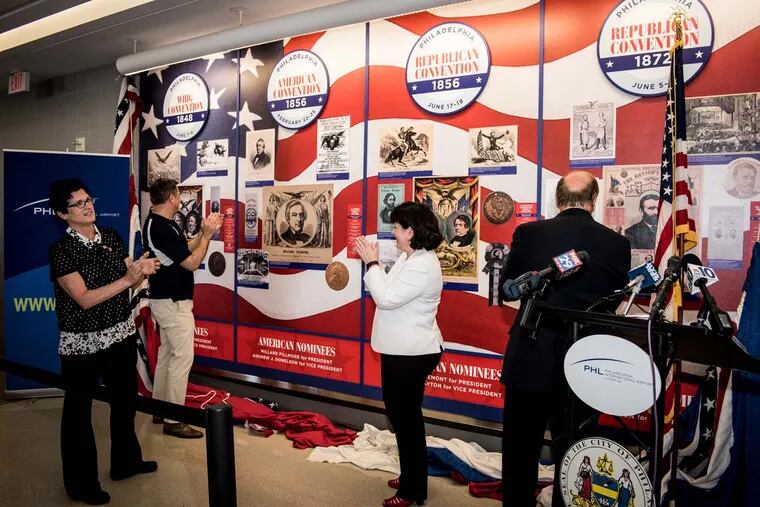 An exhibit at Philadelphia International Airport was unveiled Thursday. The city has had more presidential nominating conventions than any other.