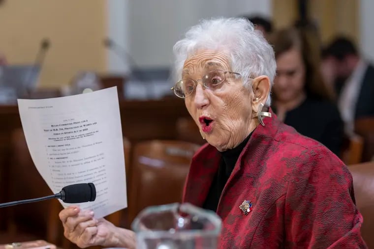 U.S. Rep. Virginia Foxx (R., N.C.), chair of the House Education Committee, holds up a copy of Republican legislation that would prohibit transgender women and girls from playing on sports teams that match their gender identity, as the House Rules Committee prepares the bill for a floor vote, at the Capitol in Washington, Monday, April 17, 2023. The Protection of Women and Girls in Sports Act of 2023 would amend Title IX, the federal education law that bars sex-based discrimination, to define sex as based solely on a person's reproductive biology and genetics at birth. (AP Photo/J. Scott Applewhite)