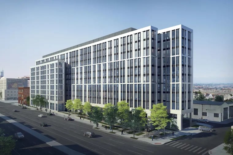 Artist's rendering of apartment building planned at 1100 N. Delaware Ave. beside the historic Edward Corner building, as seen looking southwest.