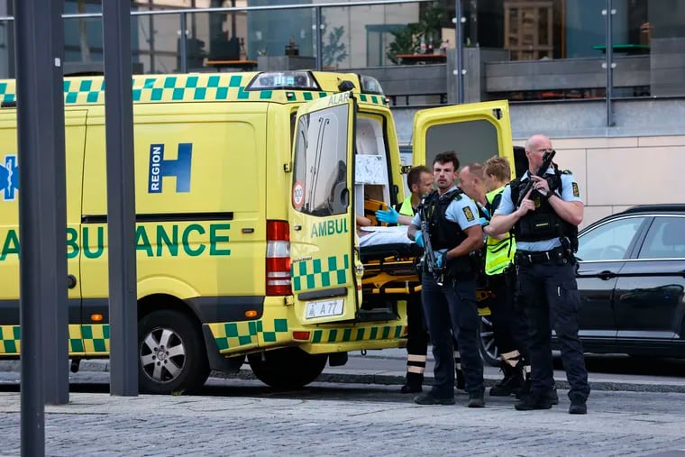 An ambulance and armed police outside the Field's shopping center in Orestad, Copenhagen, Denmark, on Sunday.
