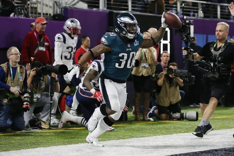 Eagles running back Corey Clement after scoring a touchdown in the third quarter at Super Bowl LII.