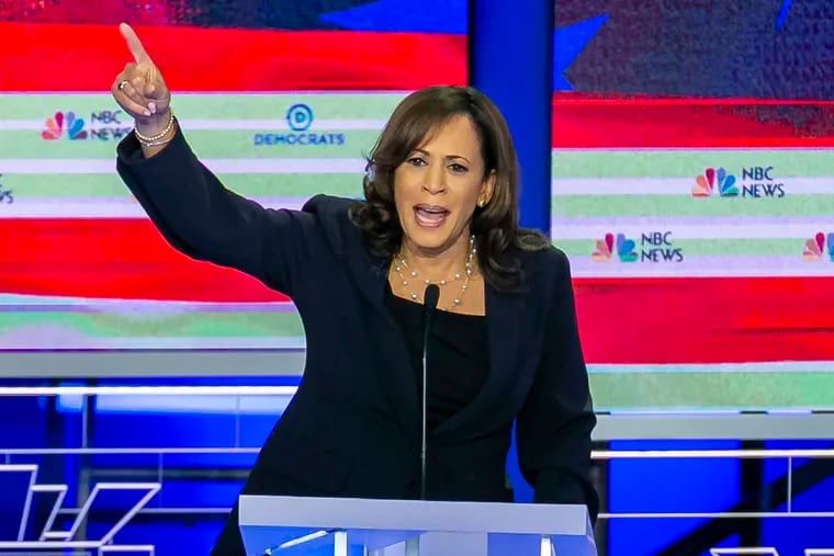 Democratic presidential candidate Sen. Kamala Harris (D-Calif.) speaks during the second night of the first Democratic presidential debate on Thursday, June 27, 2019, at the Arsht Center for the Performing Arts in Miami.