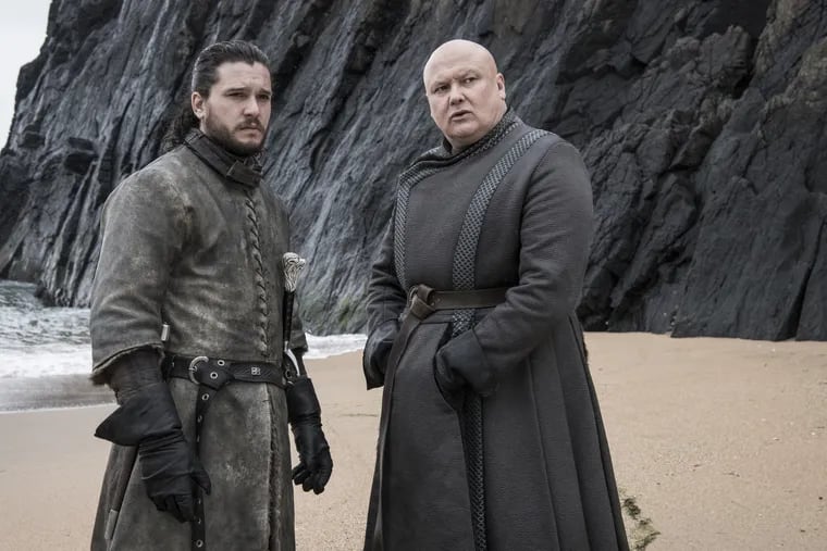 Kit Harrington as Jon Snow (left) and  Conleth Hill as Lord Varys in the final season of "Game of Thrones." . Roughly 75 percent of the series was filmed on soundstages and in otherworldly  locations around Northern Ireland.