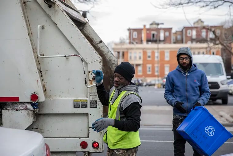 Recycling is collected on the 4300 block of Walnut in West Philadelphia on Wednesday, Jan. 23, 2019.