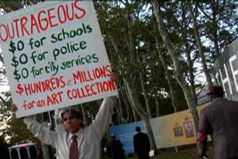 in a photo shot from the documentary, protests the proposed moveof the Barnes Foundation from Lower Merion to the Benjamin Franklin Parkway.