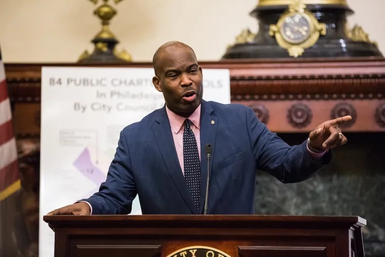 Councilman At-Large Derek Green speaks during a call to action in the Mayor's Reception Room at City Hall in 2019.