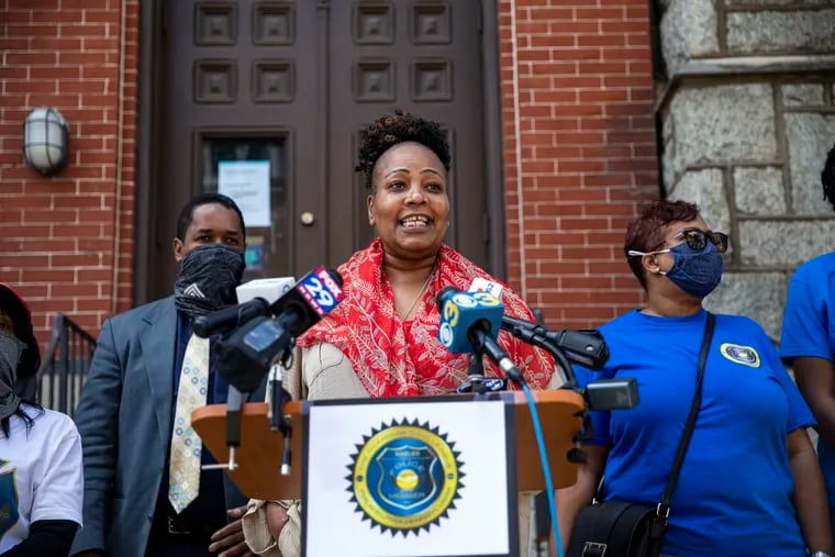 Philadelphia Sheriff Rochelle Bilal, shown here at a May 2021 news conference speaking in support of District Attorney Larry Krasner, was in line to received a 105% raise under a plan that was rejected by city finance officials. Some of her top staff still got hefty pay bumps.