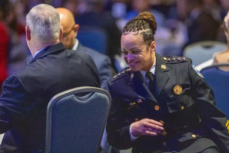 Philadelphia Police Commissioner Danielle Outlaw chats with Mayor Jim Kenney during his annual Mayors Luncheon with the Philadelphia Chamber of Commerce in February. Kenney's most recent budget proposal includes a $23.7 million increase to the police department.