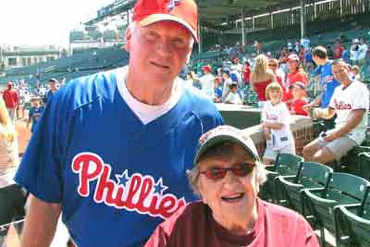 Hattie Gubel at her 95th-birthday meeting with Phillies' manager Charlie Manuel, at Wrigley Field in Chicago. (Family Photo)