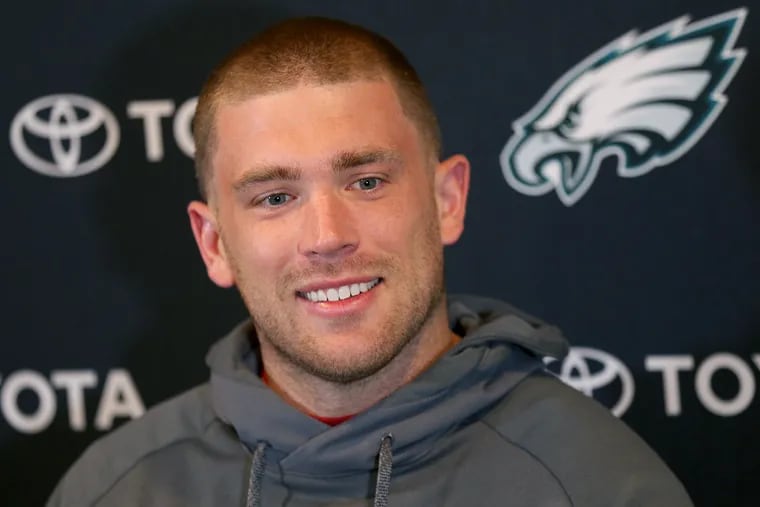 Eagles tight end Zach Ertz speaks during a news conference at the NovaCare Complex in South Philadelphia on Tuesday, April 17, 2018. TIM TAI / Staff Photographer 