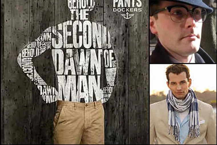 Signs of the manly man: A Dockers ad (left); law student Leo Mulvihill, who favors vintage suits and hats (top right); and a Saks Fifth Avenue ad shot at a raceway. (Photos provided)