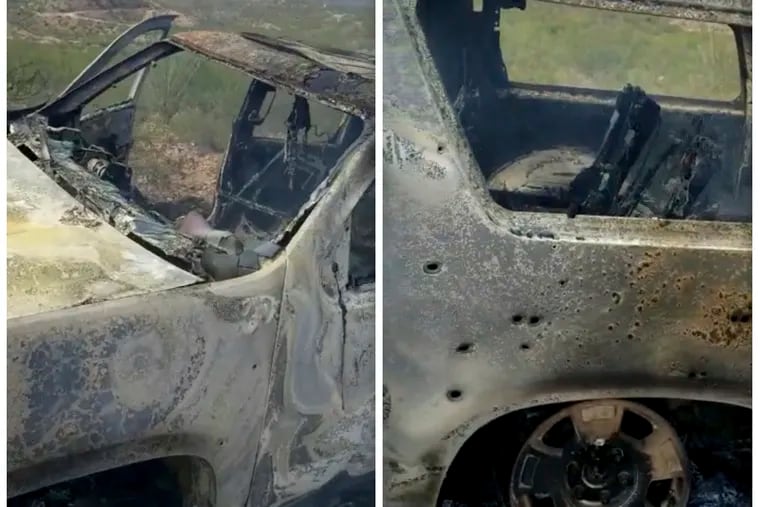 This combination of frames from Nov. 4, 2019, video by Kenny Miller and posted on the Twitter account of Alex LeBaron shows two views of a burned-out vehicle that was being used by some members of the LeBaron family as they were driving in a convoy near the Sonora-Chihuahua border in Mexico. Mexican authorities say drug cartel gunmen ambushed multiple vehicles, including this one, slaughtering several women and children. (Kenny Miller/Courtesy of Alex LeBaron via AP)