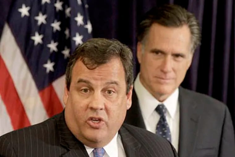 New Jersey Gov. Chris Christie, left, endorses Republican presidential candidate Mitt Romney, right,  on Oct. 11, 2011, during a news conference in Lebanon, N.H.  (AP Photo / Stephan Savoia)