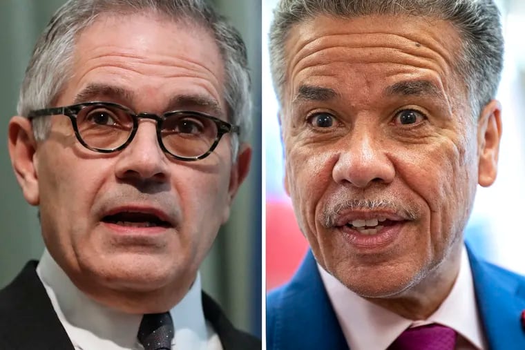District Attorney Larry Krasner (left) during at a news conference in 2019. Carlos Vega (right) campaigning in 2021.