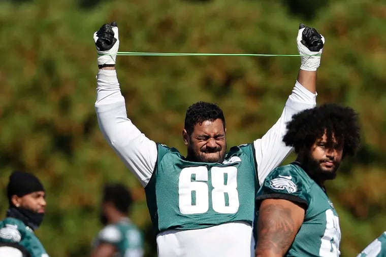 It's not a stretch to call Jordan Mailata unique. Here he gets ready for Thursday's practice.