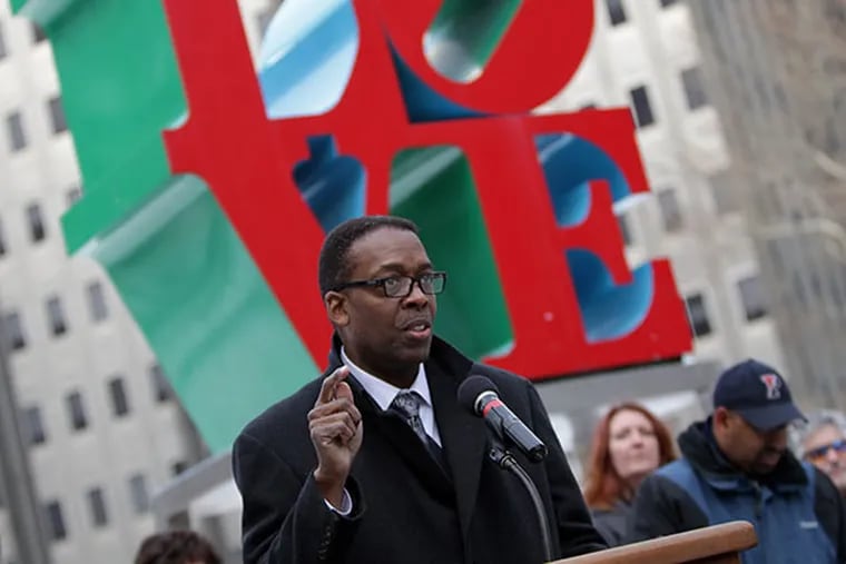 City Council President Darrell L. Clarke speaks at an event at JFK Plaza to announce plans to redevelop Love Park in Philadelphia, Pa. on February 10, 2014. ( DAVID MAIALETTI / Staff Photographer )