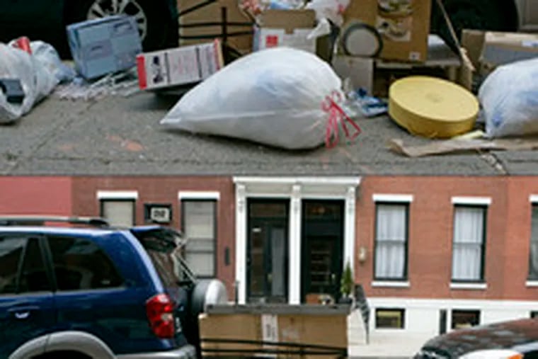 Two photos taken a day apart at 16th and Spruce Streets show trash left out, and what remained after bags and boxes were collected.