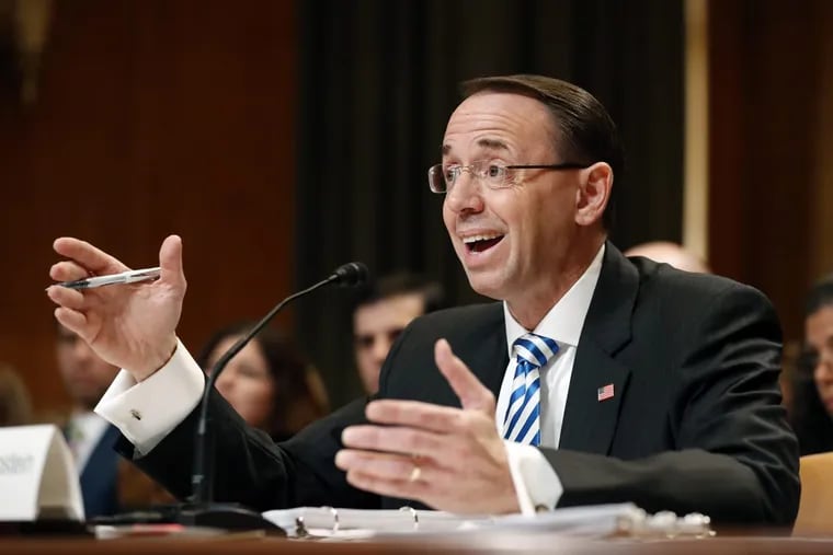 Deputy Attorney General Rod Rosenstein at work, talking to a Senate subcommittee, in June. On Saturday, he was in Margate.