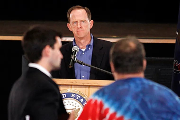 Sen. Pat Toomey (R., Pa.) takes a question during a forum last week in Jim Thorpe, Pa. No one asked about war or terrorism. (Laurence Kesterson / Staff Photographer)