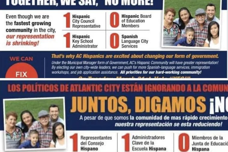 A flier aimed at Hispanic voters advocates for a change in government in Atlantic City.