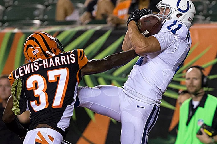 Bengals cornerback Chris Lewis-Harris defends as Colts wide receiver Josh Lenz makes a catch. (Aaron Doster/USA Today Sports)