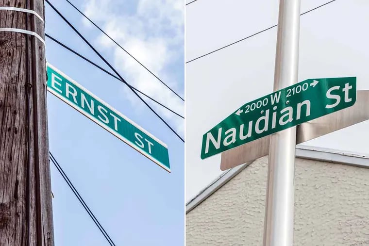 A street sign that went up at 9th and Ernest Streets says "Ernst"; the sign for Naudain Street at South 21st is misspelled "Naudian."