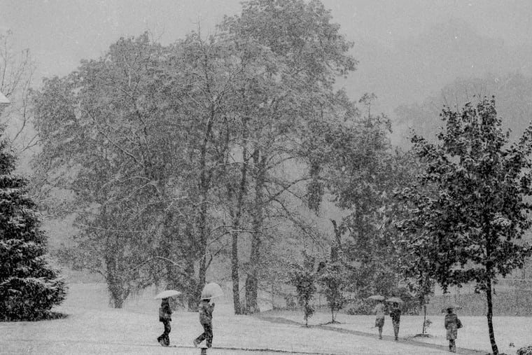 Snow covered he campus of Eastern College, in Wayne, on Oct. 10, 1979. Officially, 2.1 inches fell upon Philadelphia, the earliest measurable snow on record in the city.