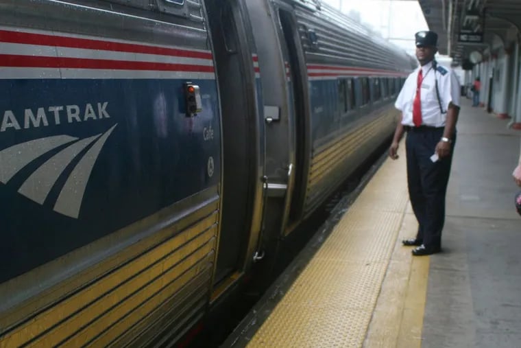 An Amtrak train to New York City arriving at the Trenton Transportation Center.