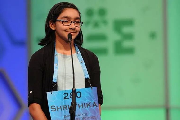 Shruthika Padhy, 11, of Cherry Hill, competing in the 2016 Scripps National Spelling Bee.
