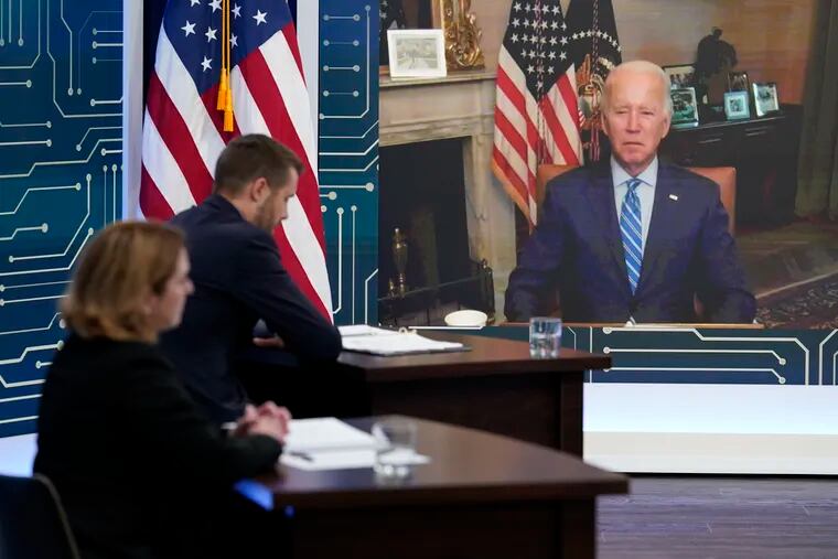 President Joe Biden attends a virtual event on Monday.