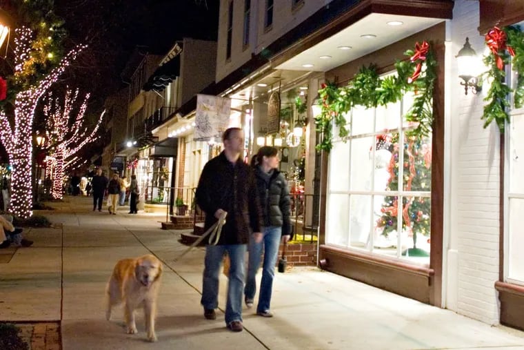 Haddonfield, decked out for Christmas. Most of the businesses are independently owned and many will be open late for Midnight Monday, leading up to Christmas.