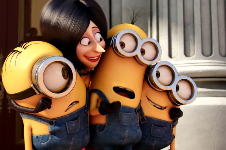Sandra Bullock voices Scarlet Overkill, seen with minions Stuart, Kevin, and Bob. (Photo courtesy of Universal Pictures)