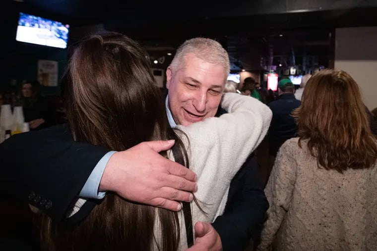 New State Rep. Jim Prokopiak is congratulated at his election night party on Feb. 13, 2024.