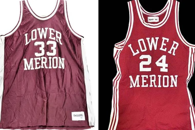 This image provided by Goldin Auctions on Friday, May 3, 2013, shows Lower Merion High School basketball jerseys worn by Los Angeles Lakers star Kobe Bryant.  (AP Photo/Goldin Auctions)