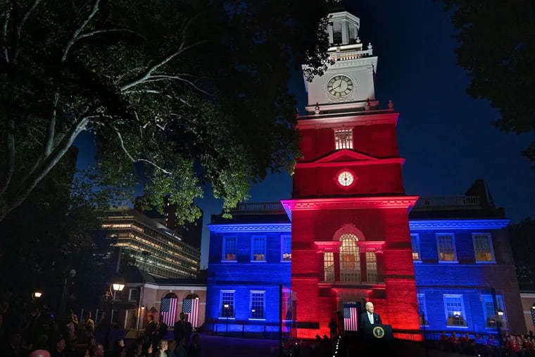President Biden speaks at Independence Hall Sept. 1, 2022, on his second visit to Pennsylvania in three days. He delivered a prime time speech from this area, focused on the “Soul of the Nation.”