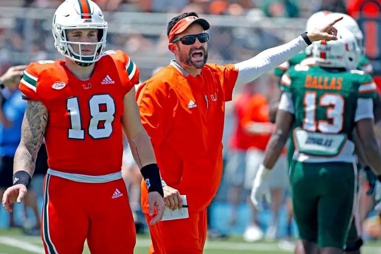 Manny Diaz on the sideline during Miami's spring football practice in April.