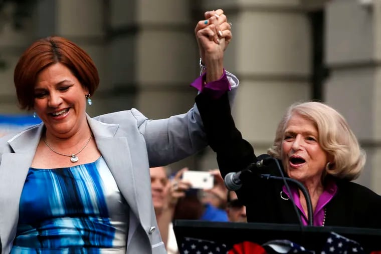 Edith Schlain Windsor (right), with New York City Council Speaker Christine Quinn, celebrates after a Defense of Marriage Act provision denying benefits to gay couples was struck down.