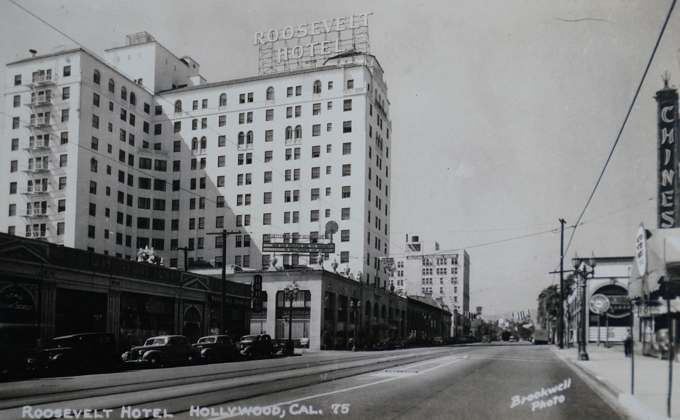 The Hollywood Roosevelt Hotel is seen here in a photo that, judging by the cars, dates to about the 1940s. The hotel opened in 1927 and ever after served some of Hollywood’s biggest and brightest stars.
