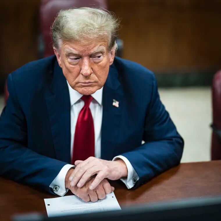 Former President Donald Trump is pictured in a Manhattan criminal court ahead of the start of jury selection in New York on Monday.